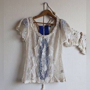 Anthropologie fei, cream lace see through blouse, sequins,